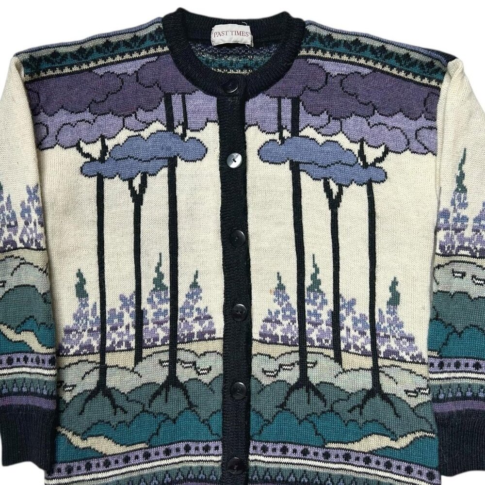 90s Vintage wool forest cardigan sweater Past Times UK trees nature pattern. - Picture 3 of 7